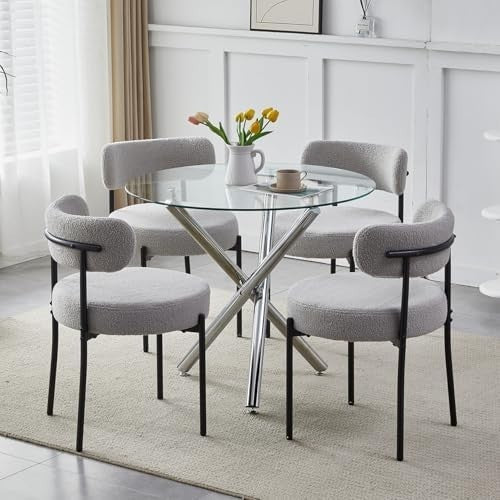 Round Glass Dining Table 90cm Tempered Metal Legs Modern Design