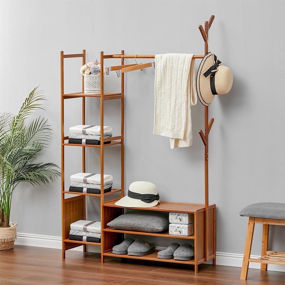 Bamboo Clothes Rail with 6 Shelves & Hooks, 100cm Wardrobe