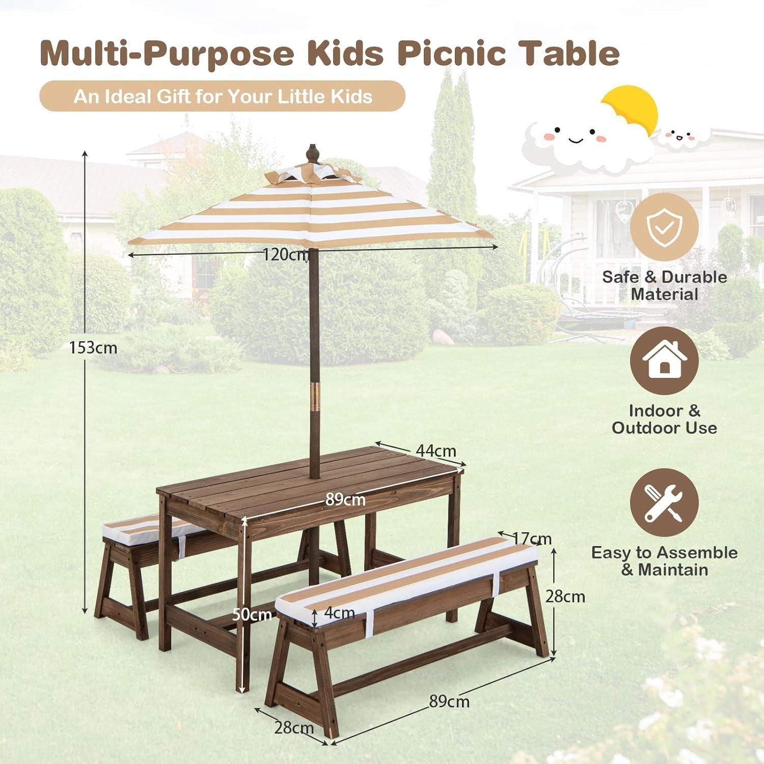 Kids Wooden Picnic Table Bench Set w/ Umbrella & Cushions Outdoor Indoor