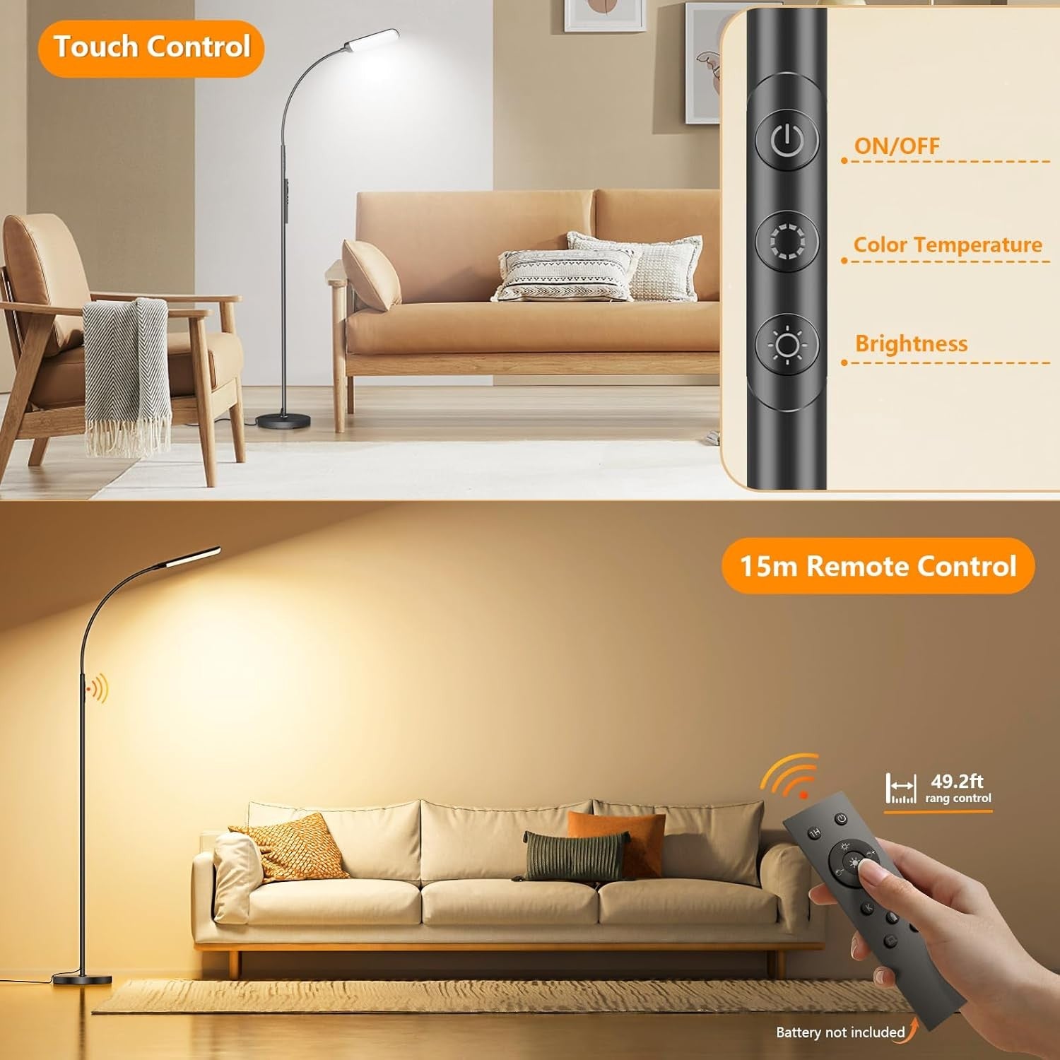 LED Floor Reading Lamp Remote Control Dimmable Adjustable Light Black