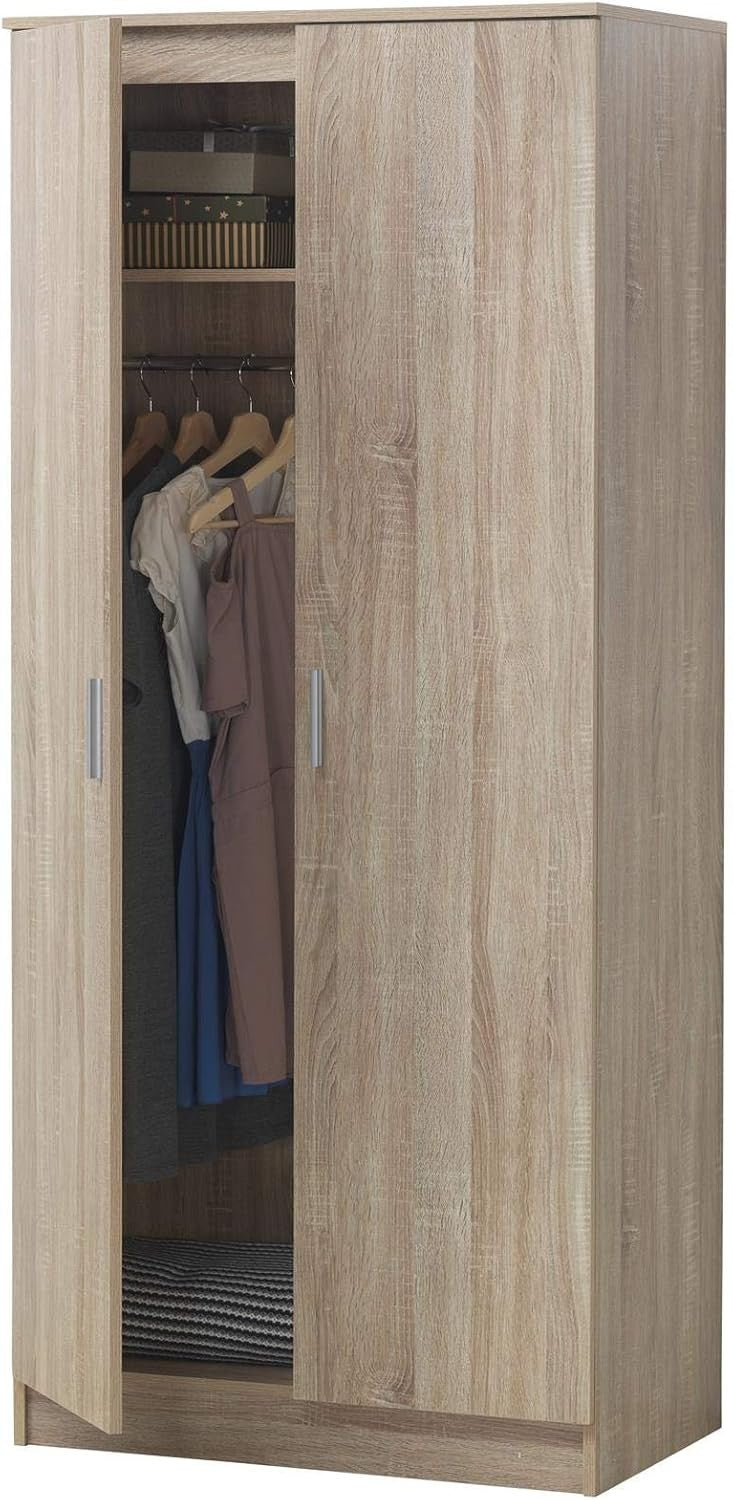 Oak Effect Wardrobe with Shelves & Rail – Bedroom Storage Double Doors