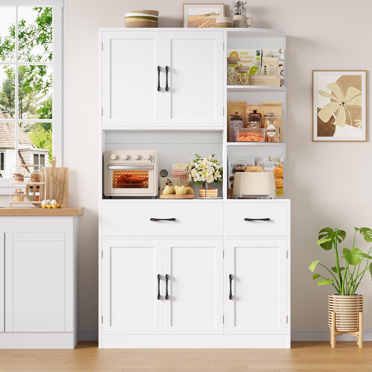White 177cm Tall Kitchen Cupboard 5 Doors 2 Drawers Pantry Cabinet