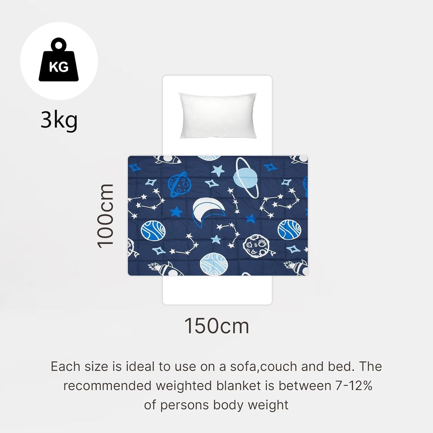 3kg Weighted Blanket 100x150cm Navy Blue Space Teddy Fleece Sleep Aid