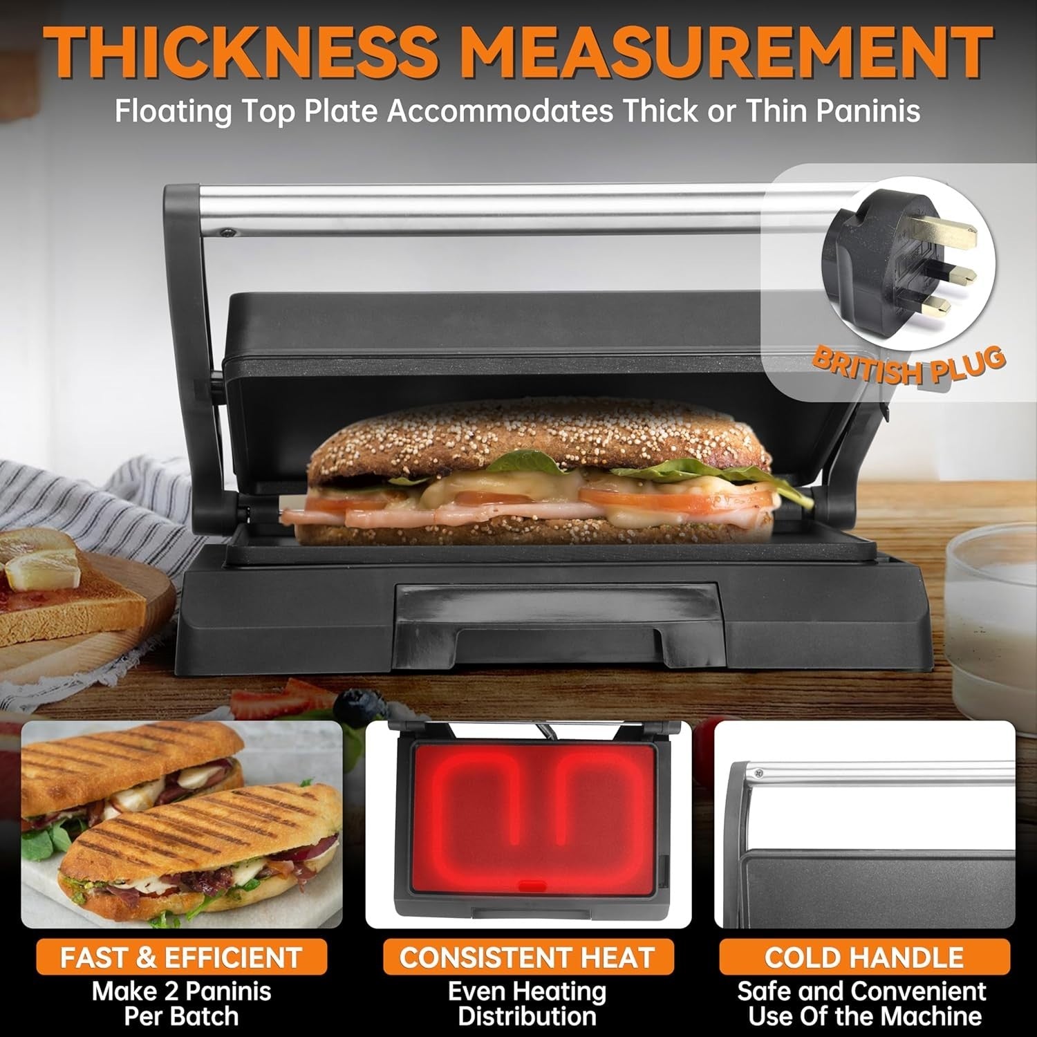 2 Slice Panini Press Grill 800W Non Stick 26.6cm Stainless Steel