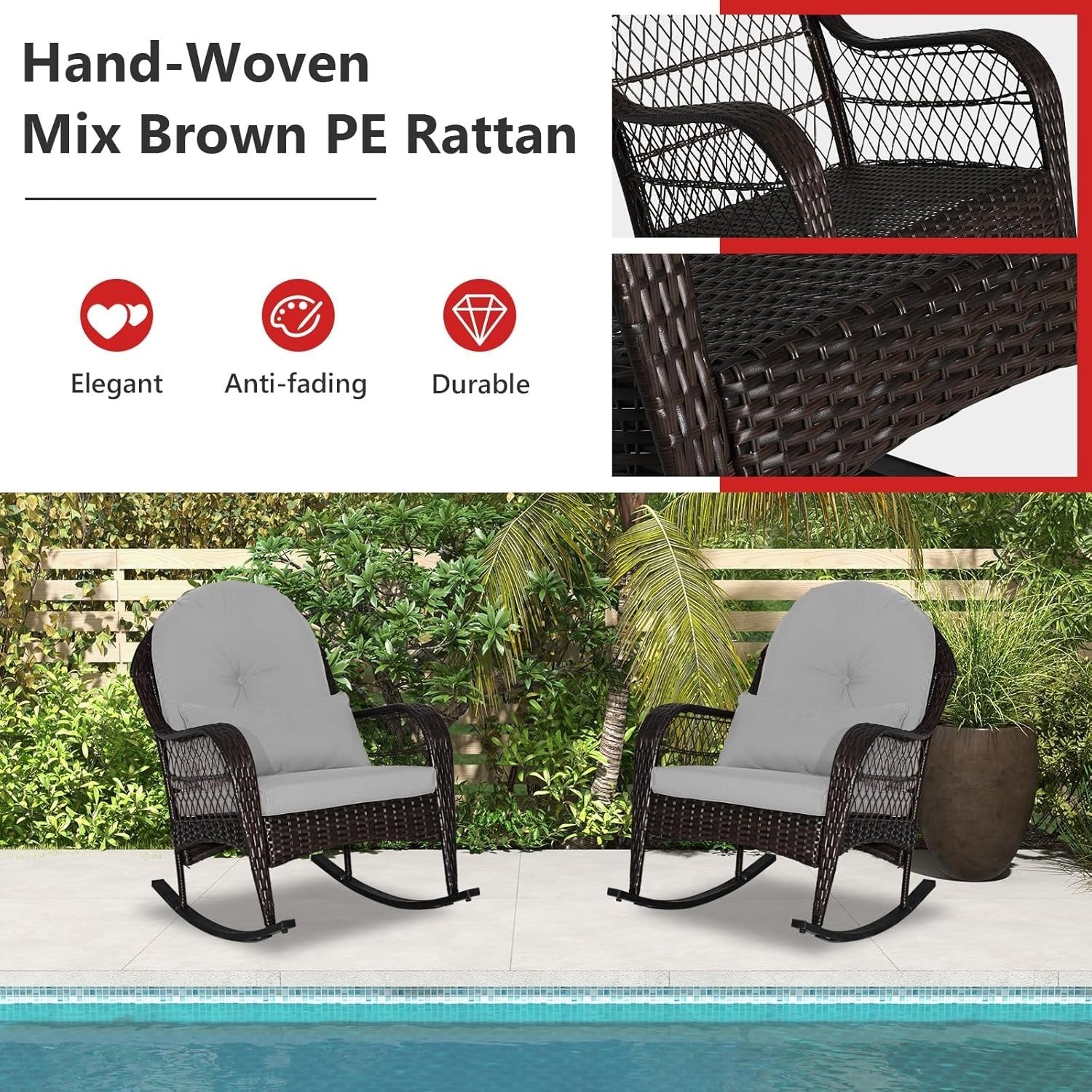 Garden Rattan Rocking Chair Grey Cushioned Outdoor Patio Armchair