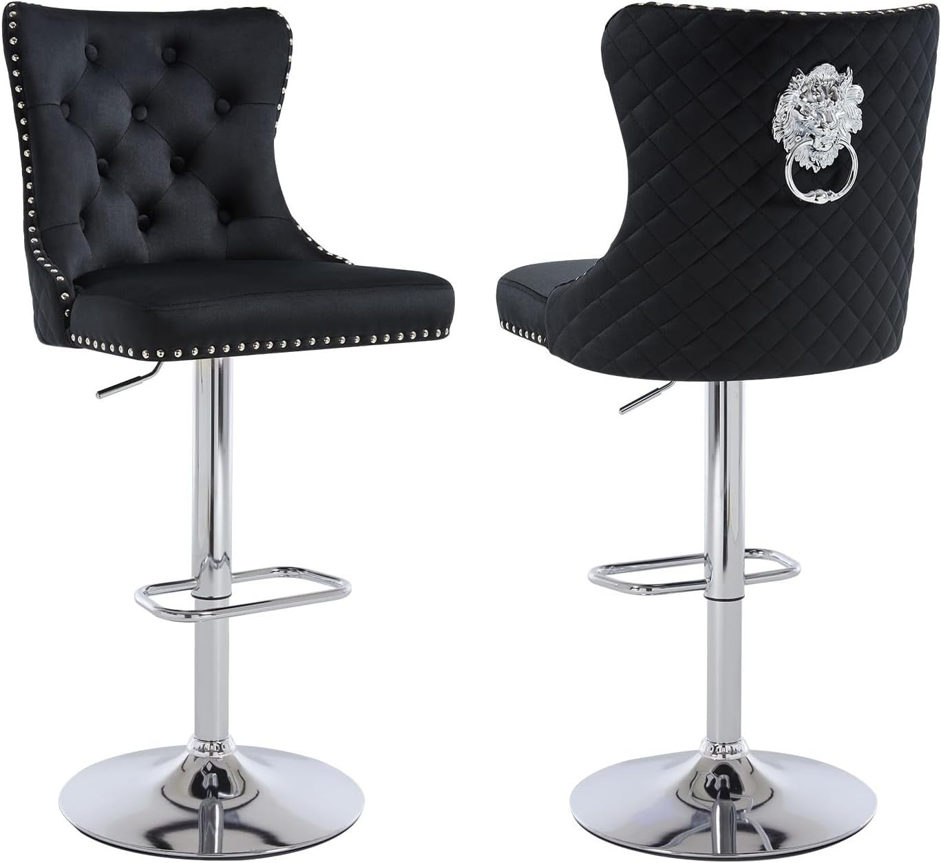 Velvet Bar Stools Set of 2 Black Chrome Legs Adjustable Swivel Chairs