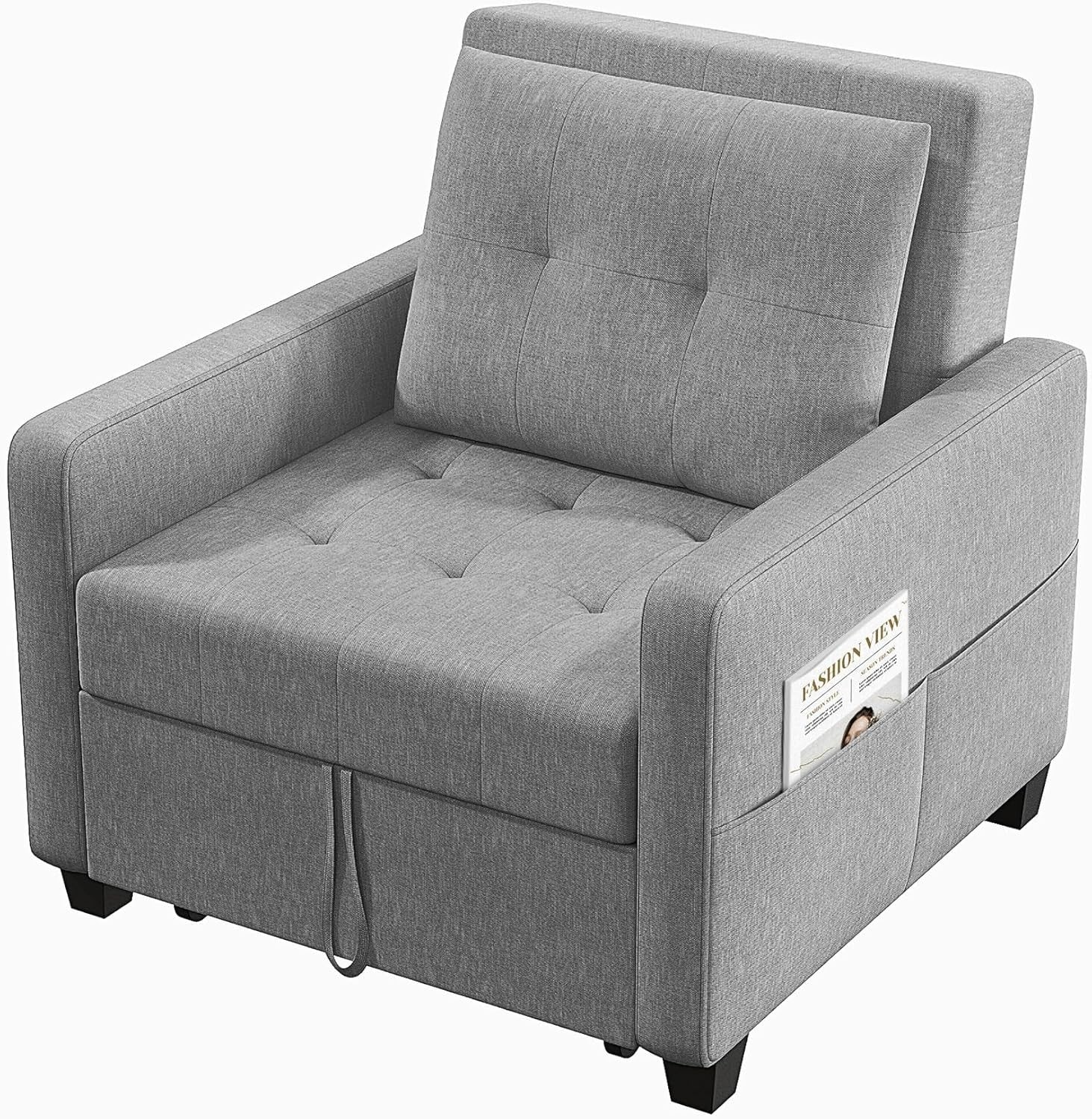 3-in-1 Sofa Bed Grey Single Chair Sleeper w/ Storage, Foldable & Adjustable