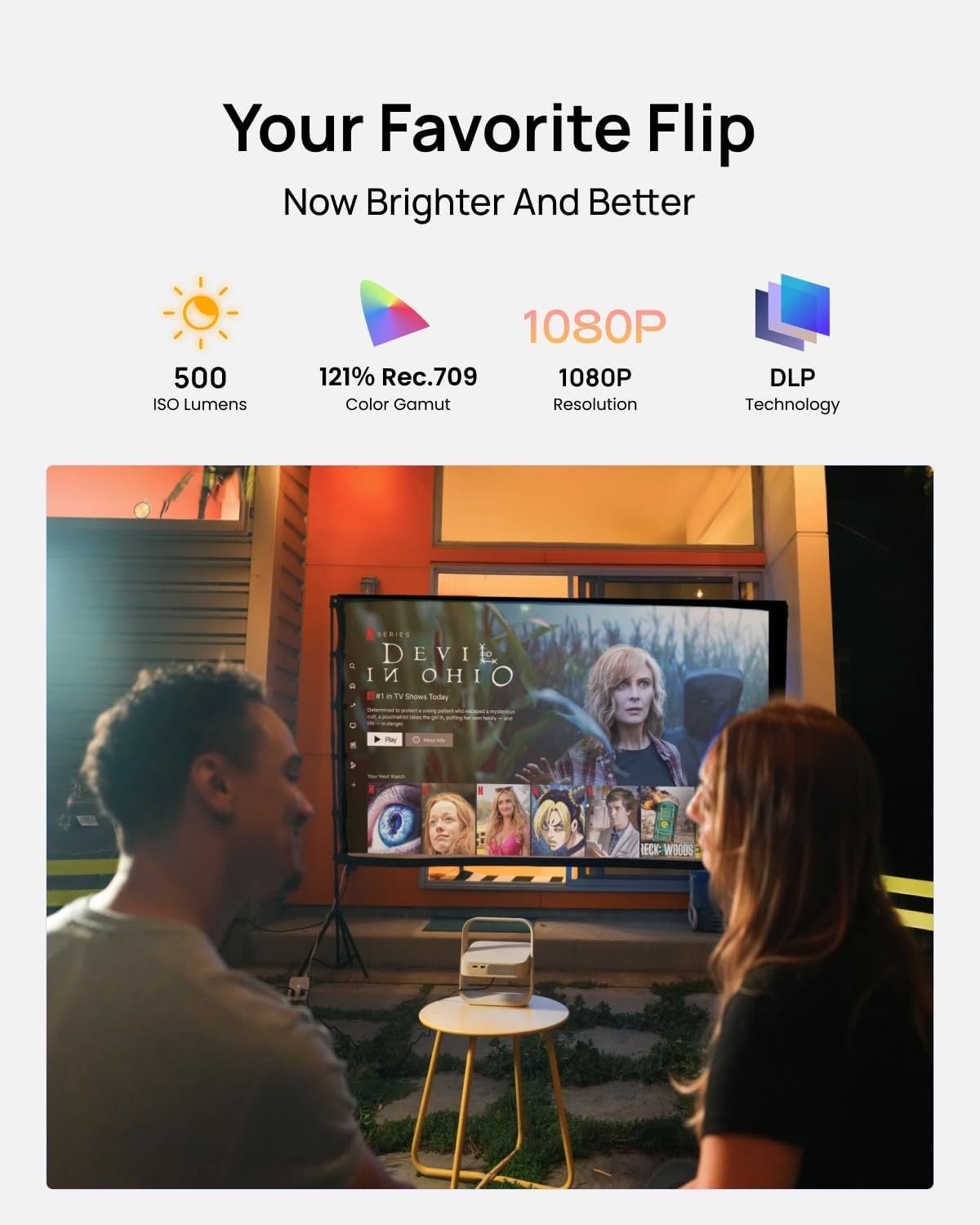 Portable 1080P Smart Projector Google TV 500 Lumens Flip Stand