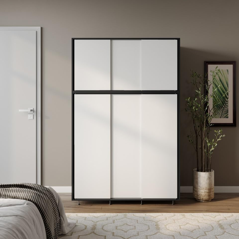 6-Door White Sliding Wardrobe with Adjustable Feet & Spacious Bedroom Storage