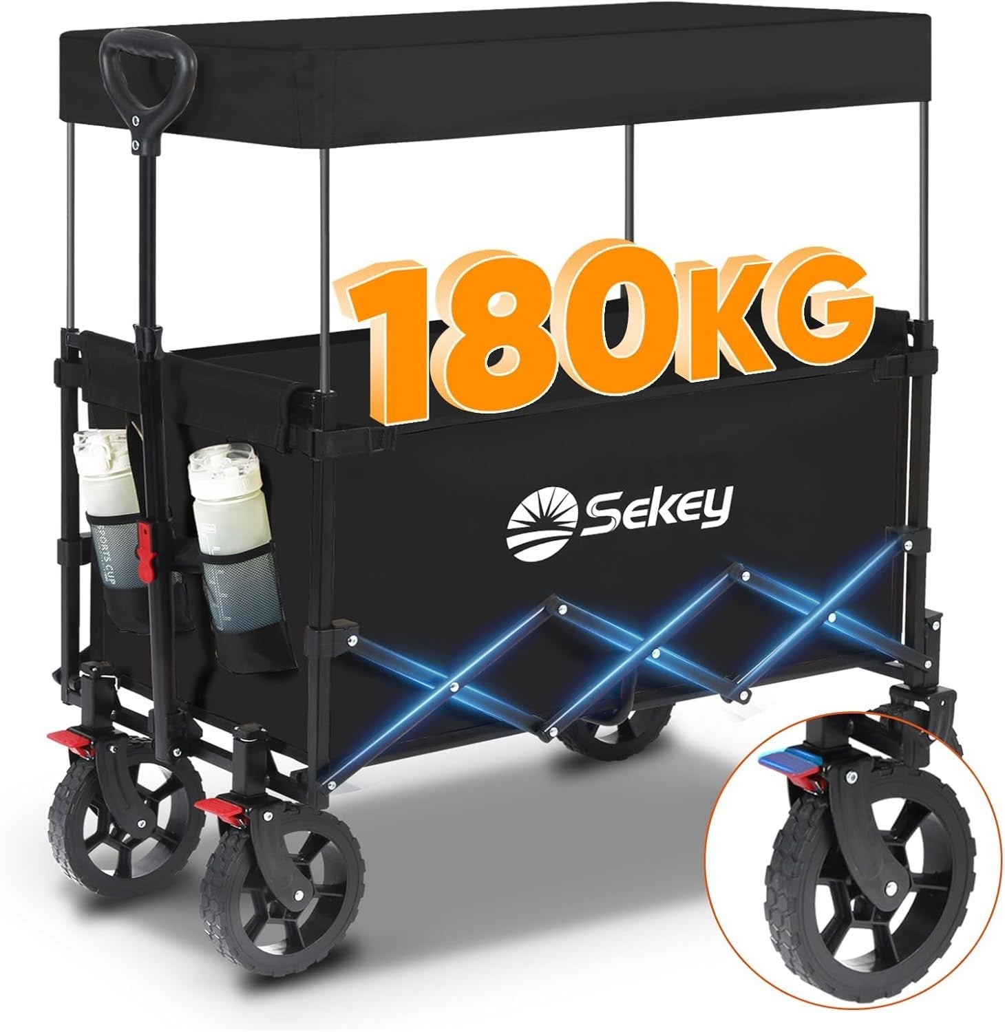 Black 250L Folding Camping Wagon 180kg Heavy Duty Canopy All Terrain Beach Cart
