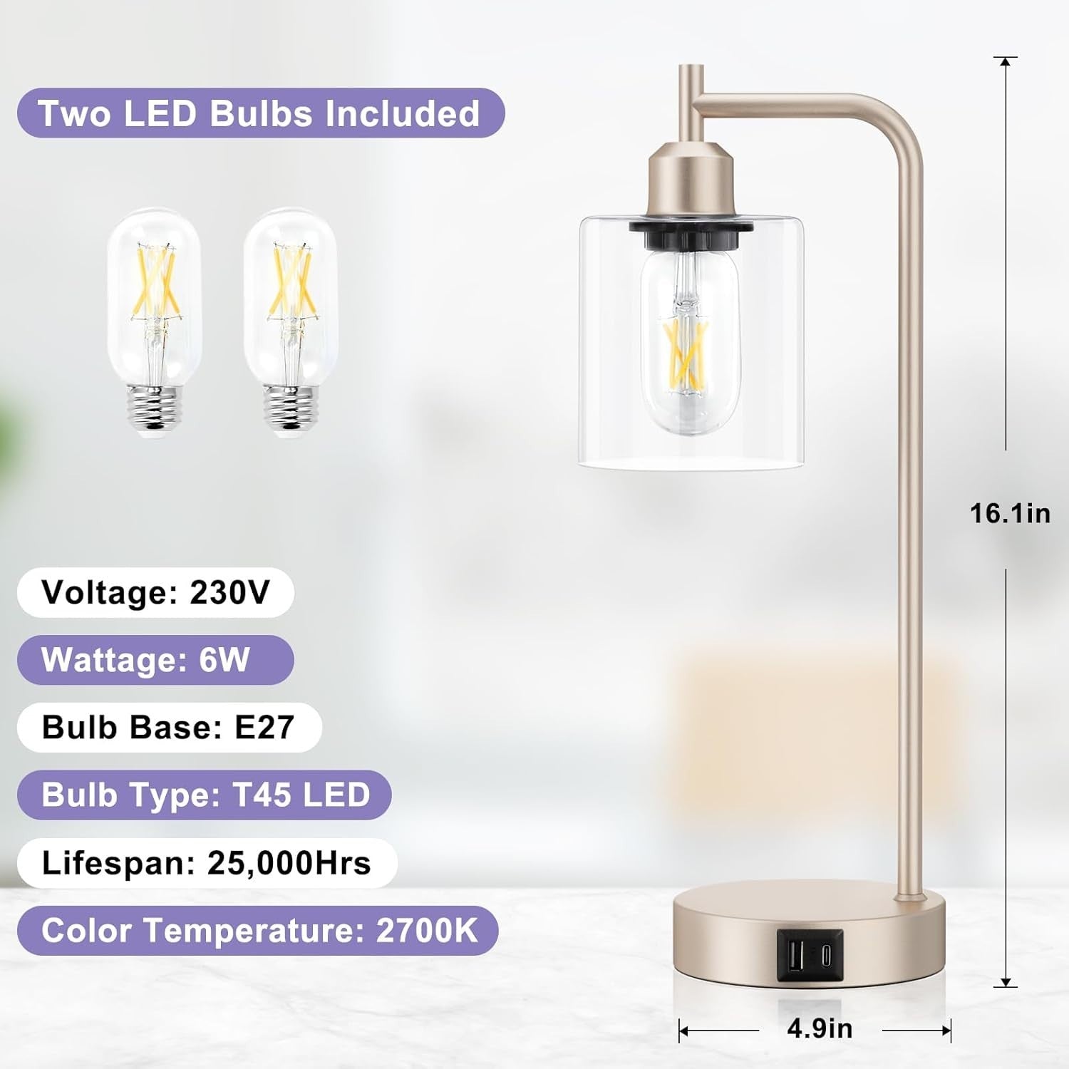Champagne Gold Touch Table Lamps Set of 2 USB Dimmable Clear Glass