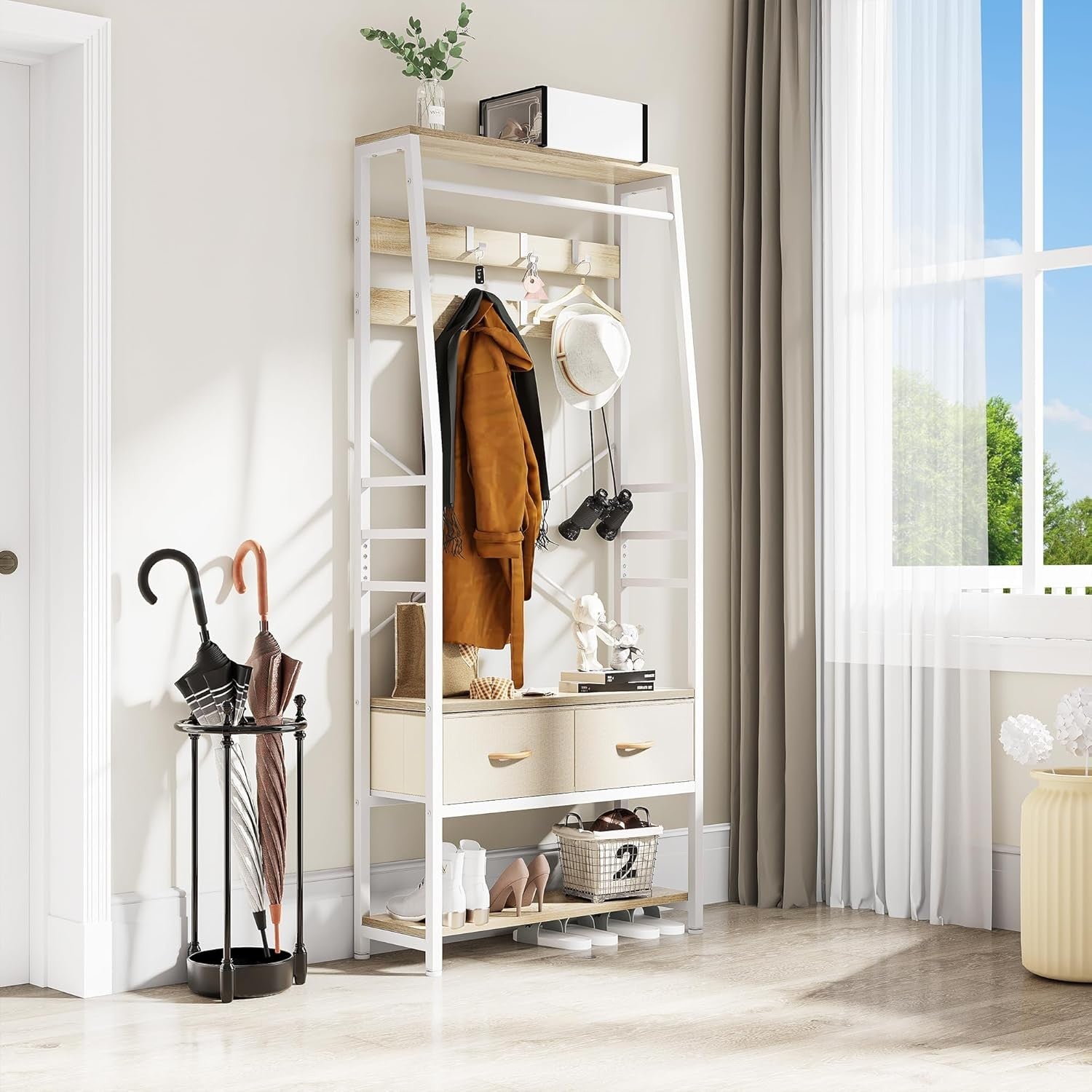 Beige Hall Tree Coat Rack with Bench | Shoe Storage & Drawers Entryway Stand
