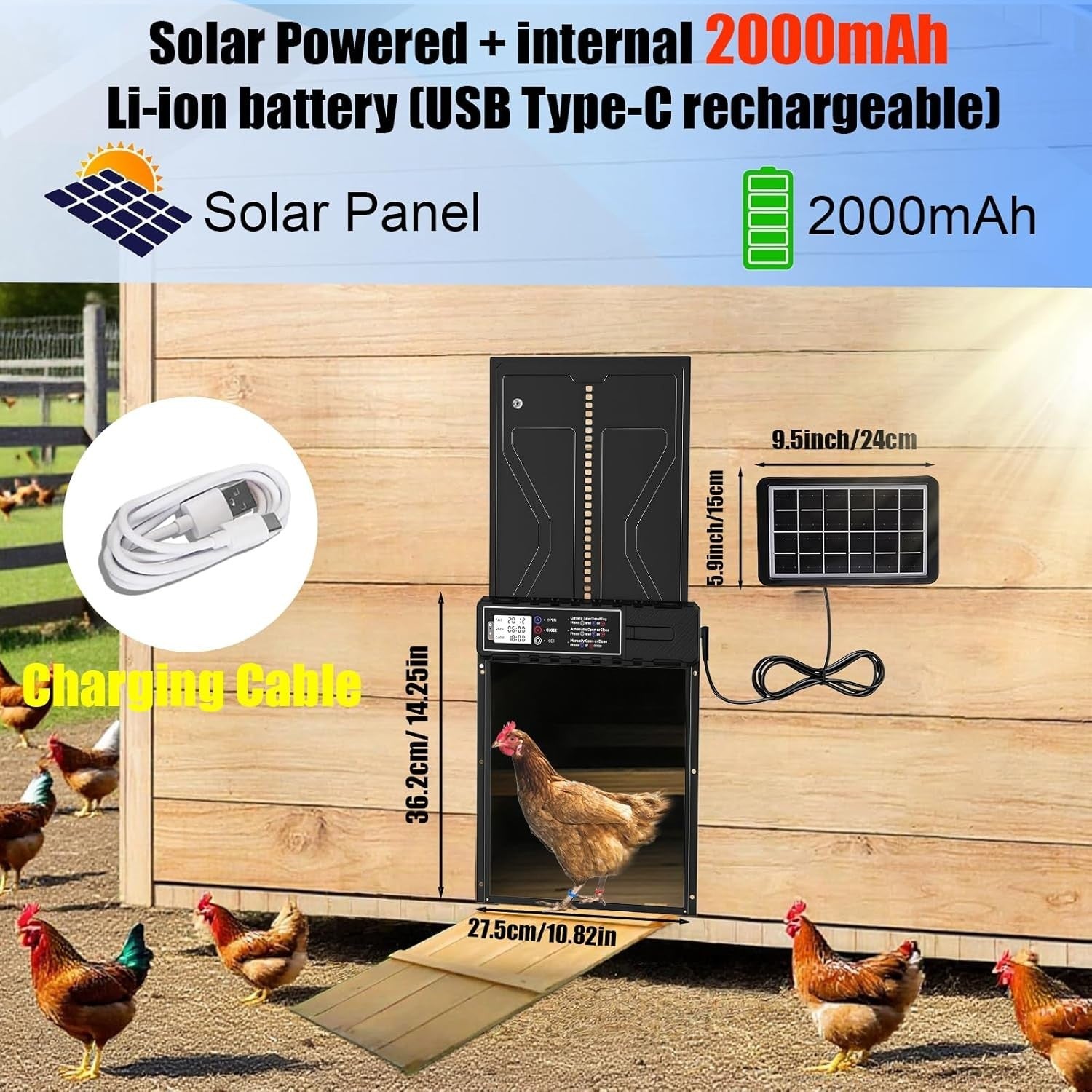 Automatic Solar Chicken Coop Door Opener Remote LCD Anti Pinch Waterproof