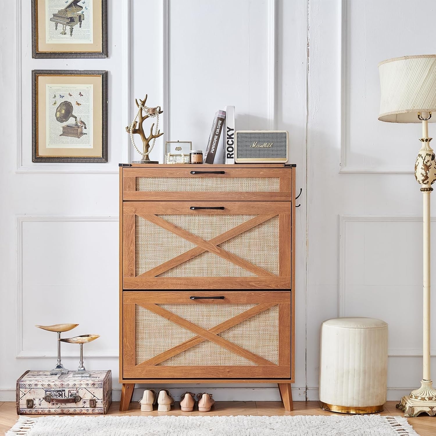 Narrow Shoe Cabinet with Rattan Flip Drawers, Large Storage for 16-20 Pairs