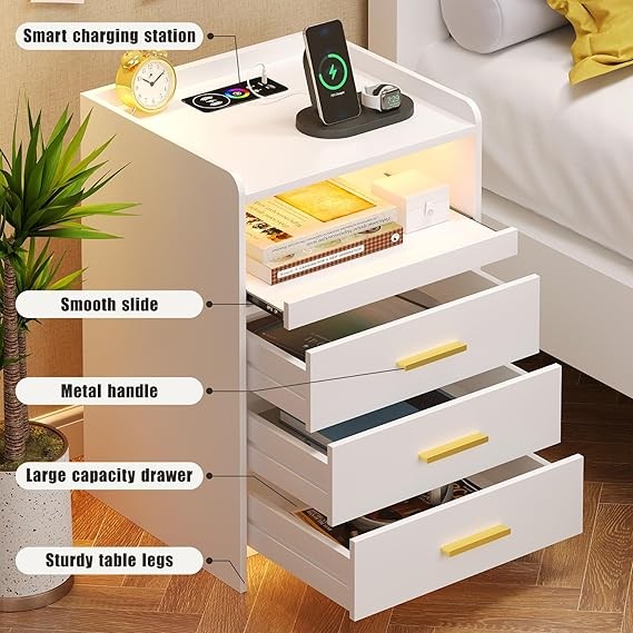 White LED Bedside Table with Charging Station & 3 Drawers | Modern Nightstand