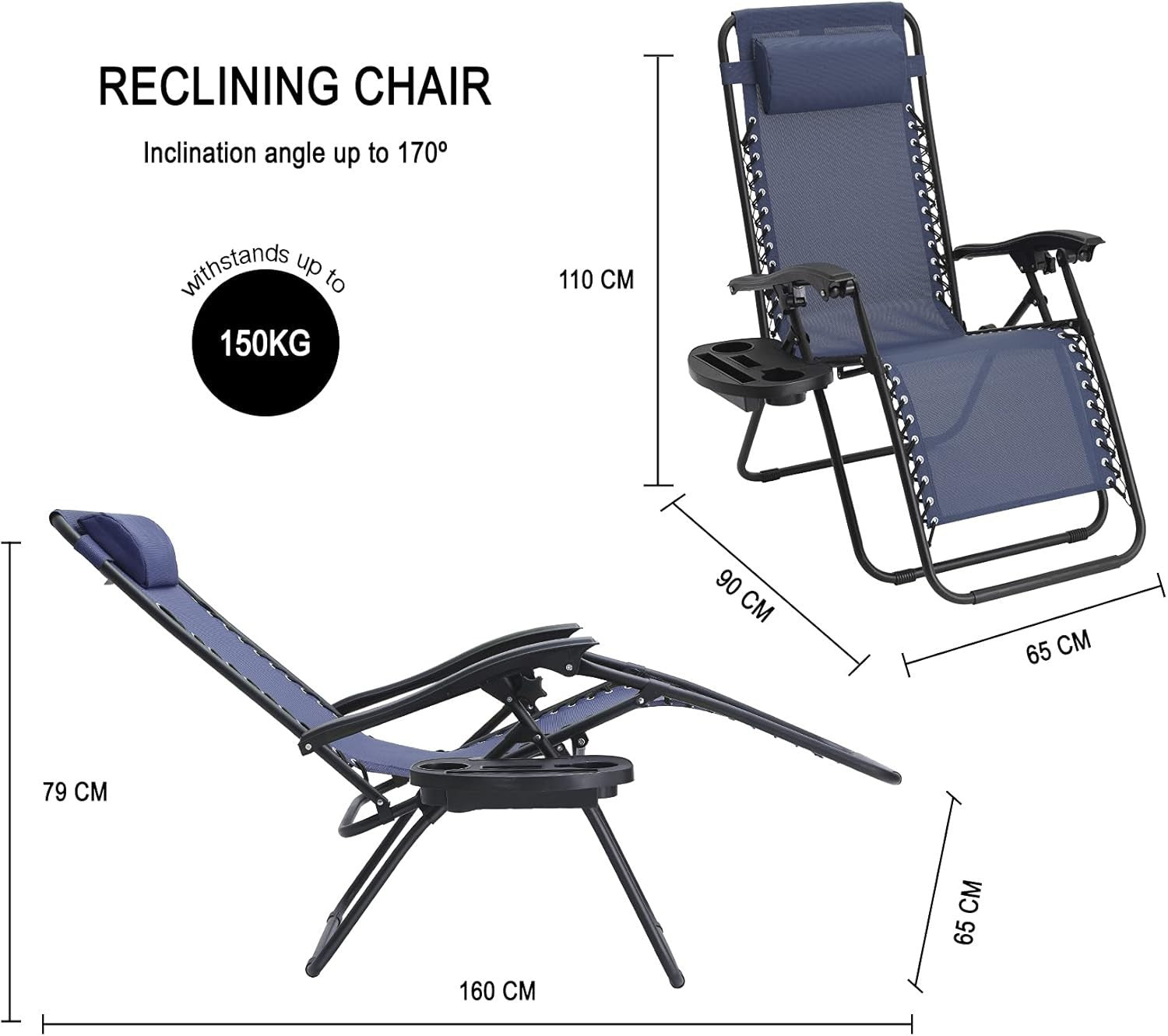 Zero Gravity Outdoor Reclining Chairs Set of 2 Foldable Sun Loungers Navy