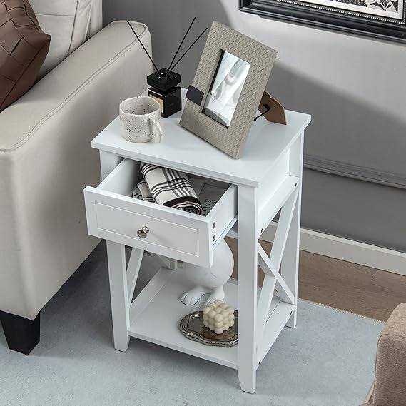 Modern X-Shaped Bedside Tables 2-Set with Drawer & Shelf for Bedroom Living Room