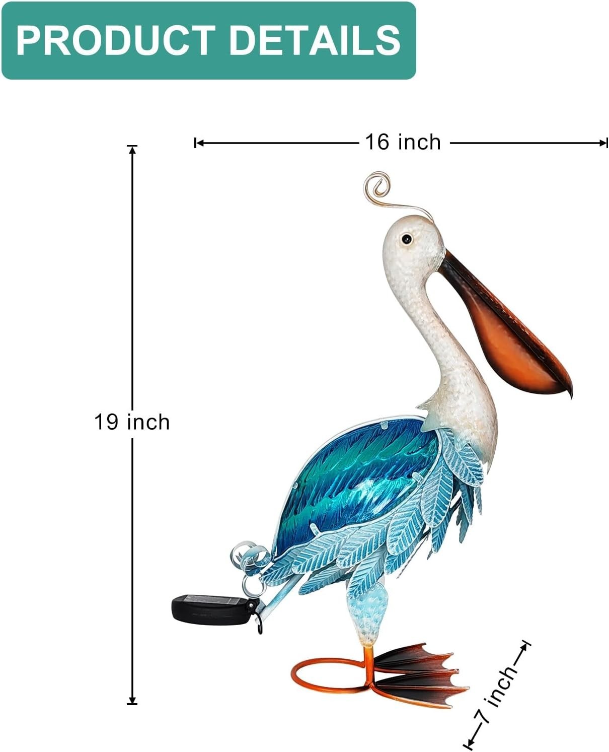 Solar Metal Pelican Garden Statue 19" Coastal Bird Ornament Outdoor Yard Decor