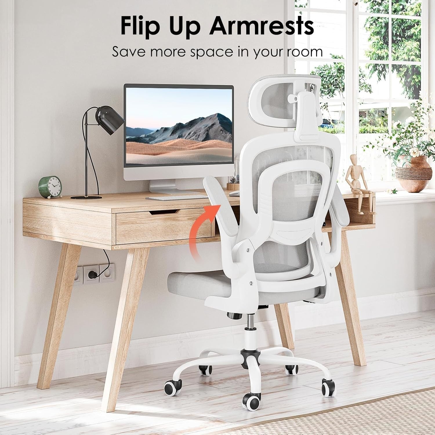 Ergonomic Office Chair Mesh Swivel Desk w/ Headrest Flip-Up Arms White/Gray 14kg