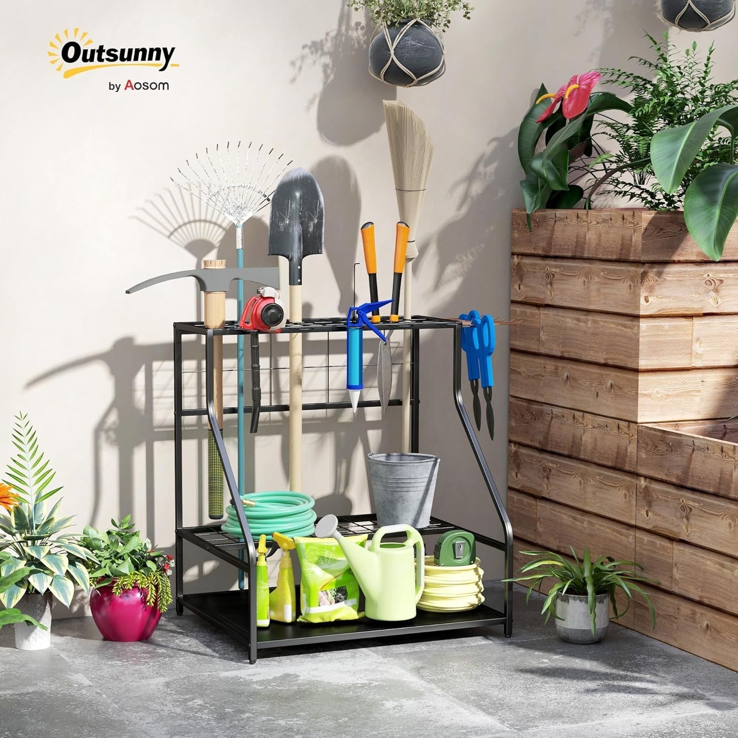3-Tier Garden Tool Rack 11 Hooks Corner Shed Organizer Black Metal