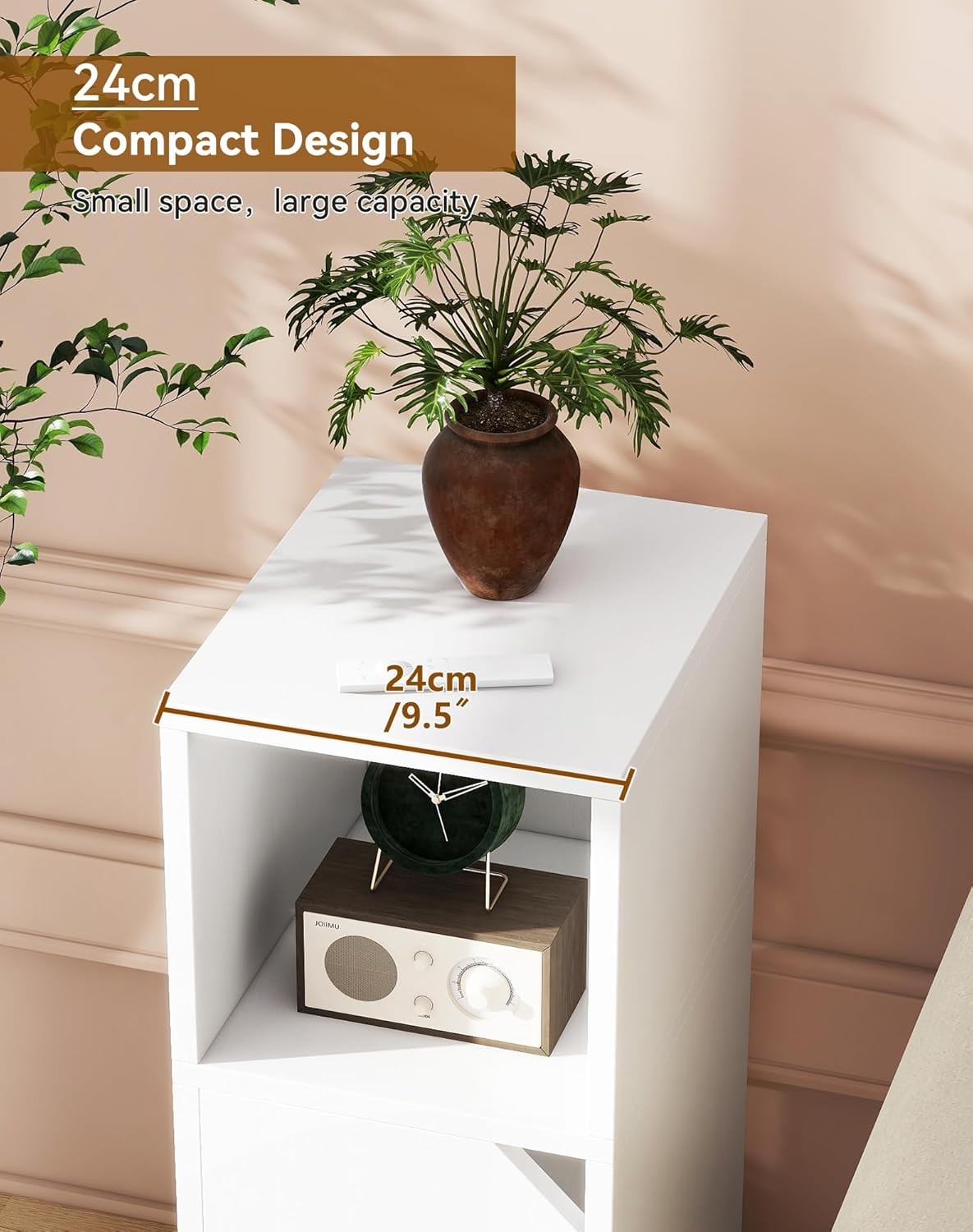Slim White Bedside Tables Set of 2 – Narrow Nightstands with Door & Open Shelf