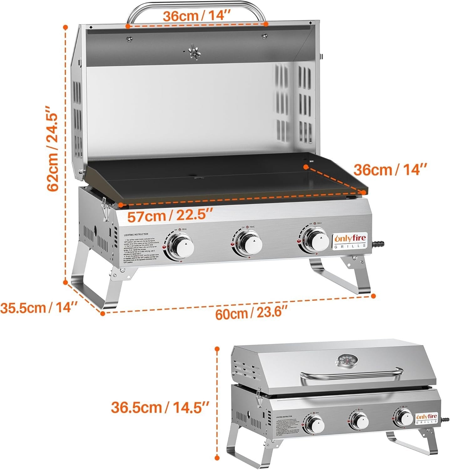 Portable 3 Burner Gas BBQ Plancha Grill with Lid & Thermometer