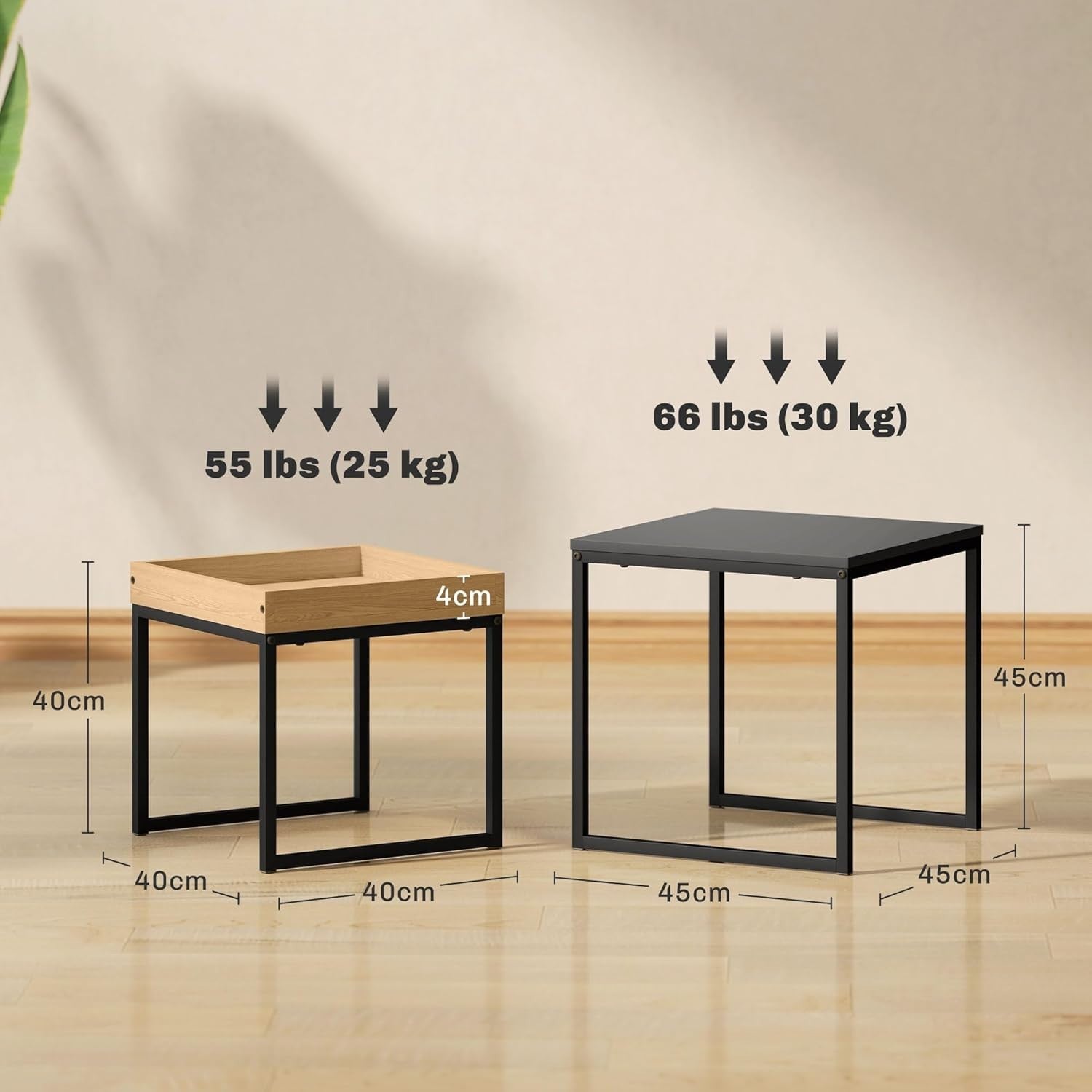 Square Nesting Coffee Side Tables Set, Black & Wood Effect, Steel Frame 30kg Max