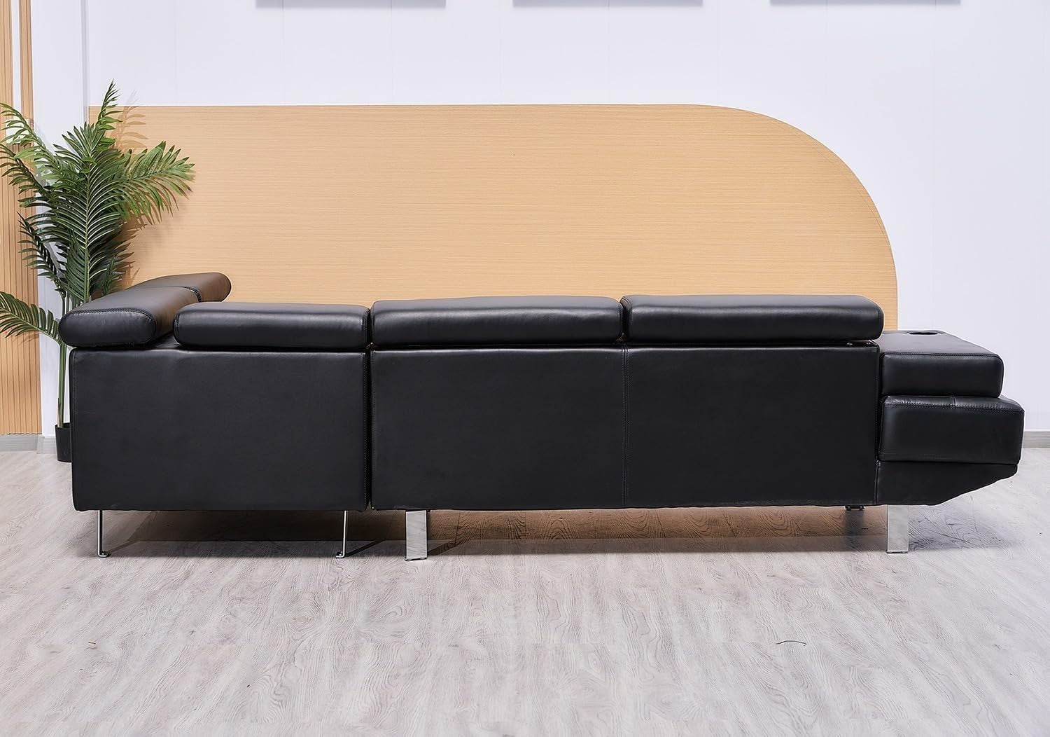 Adjustable Headrest Black Bonded Leather L-Shape Corner Sofa with Cup Holders