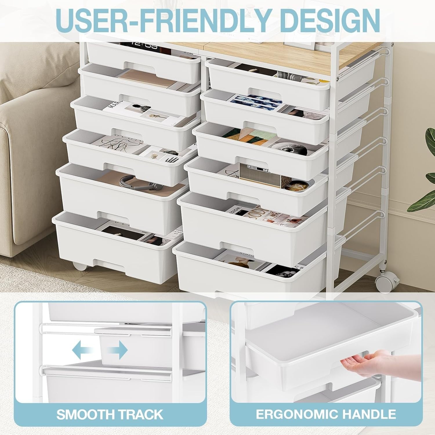 12 Drawer Rolling Storage Cart Craft Organizer Trolley White Wheels