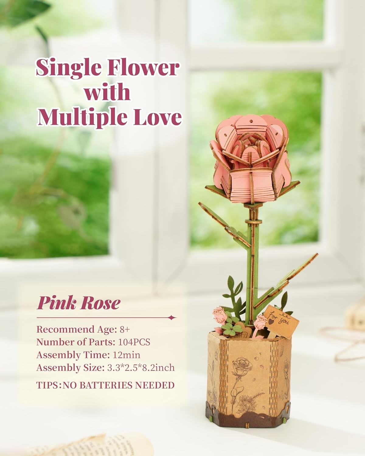 DIY 3D Wooden Pink Rose Flower Puzzle Kit – Relaxing Craft Gift Decor