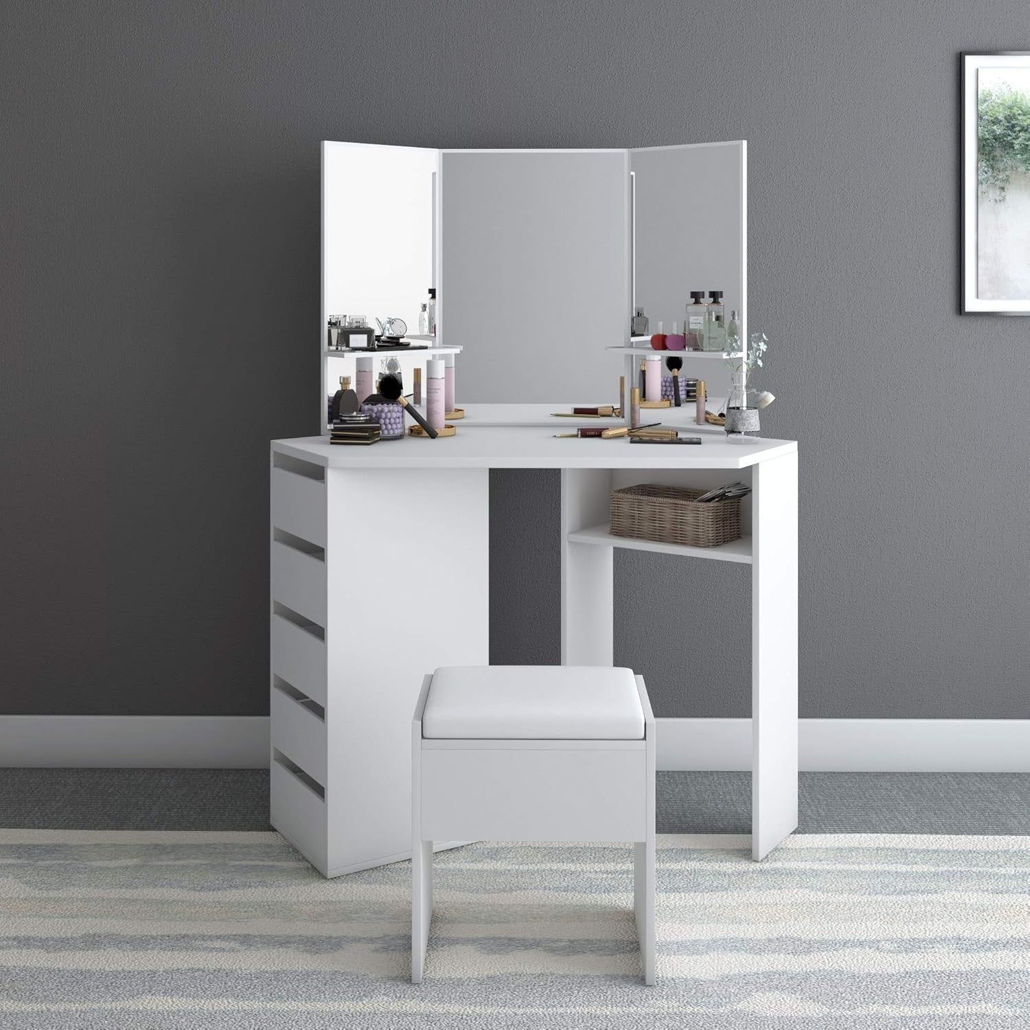 Corner Dressing Table Set White 3-Sided Mirror 5 Drawer MDF Makeup Vanity