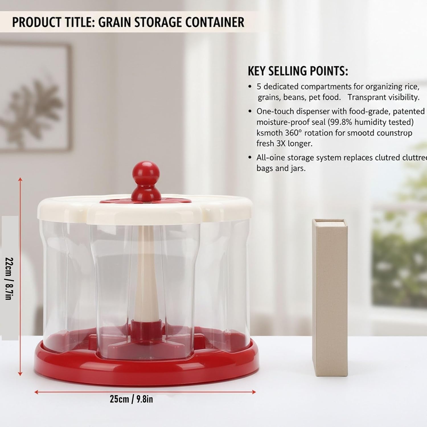 5 Grid Rotating Rice Dispenser Airtight Grain Storage Container Bin