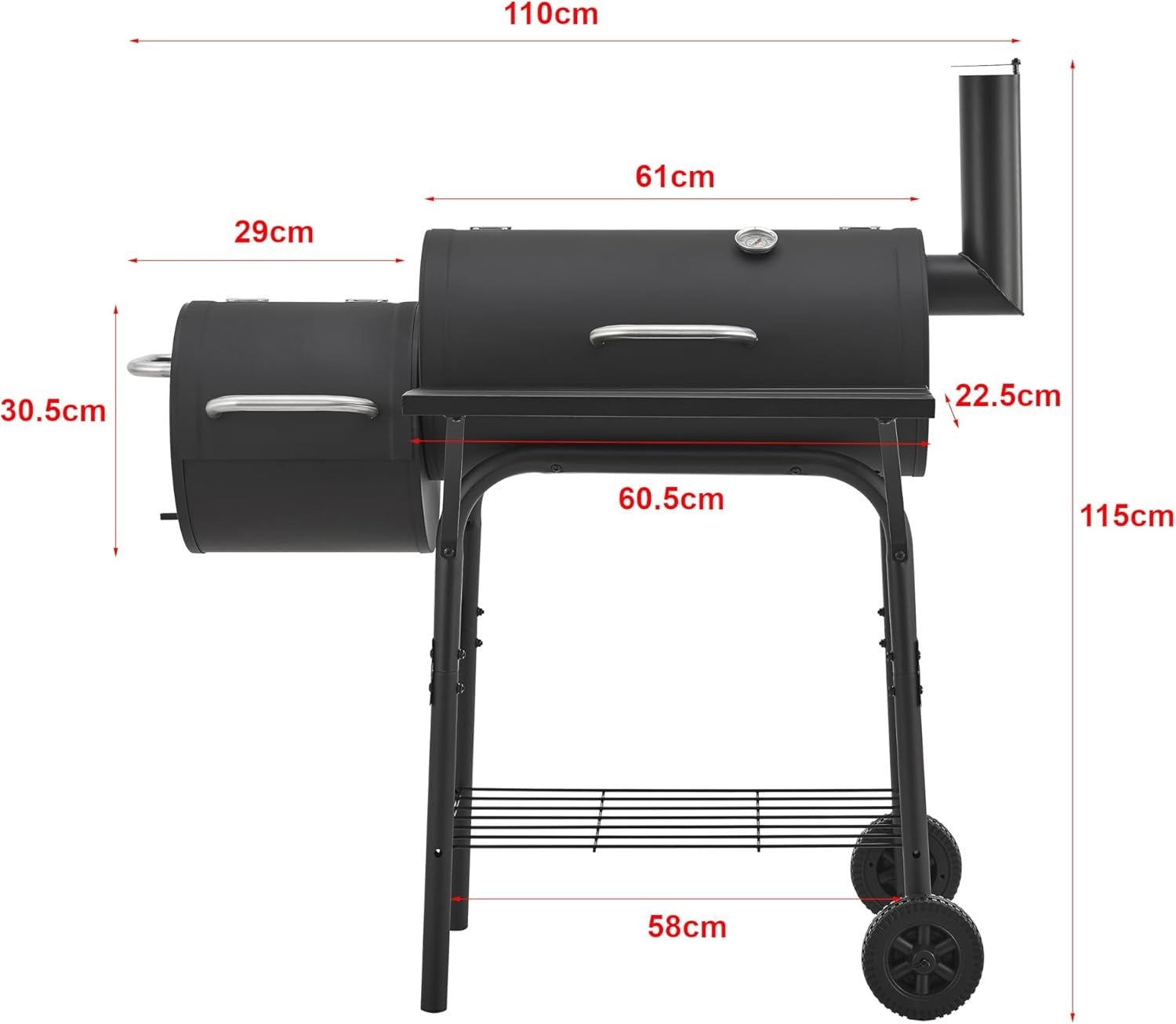 Charcoal BBQ Smoker Grill with Side Firebox & Thermometer Outdoor Trolley 115cm
