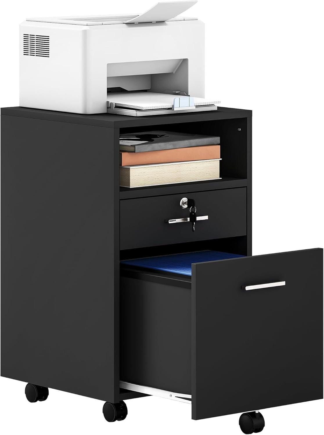 Black Lockable Mobile File Cabinet 39x40x65cm A4 Letter Storage