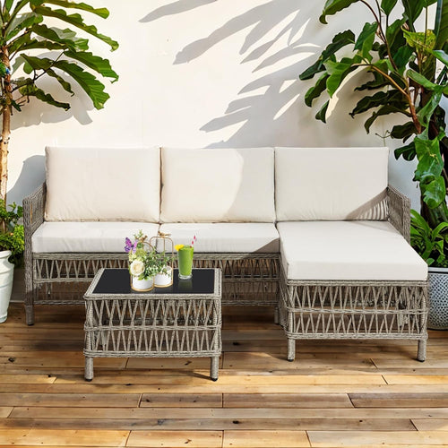 5-Piece Outdoor Rattan Garden Sofa Set with Cushions & Glass Coffee Table