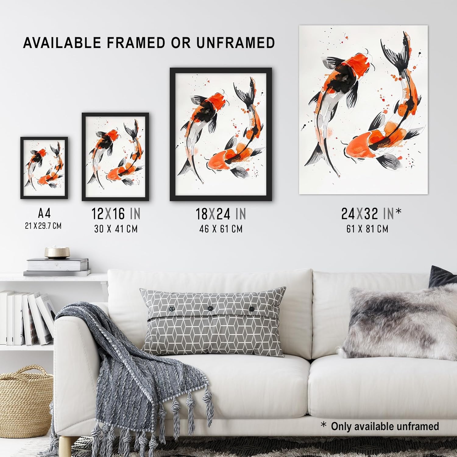 Japanese Koi Fish Wall Art 18x24in Watercolour Modern Living Room Decor