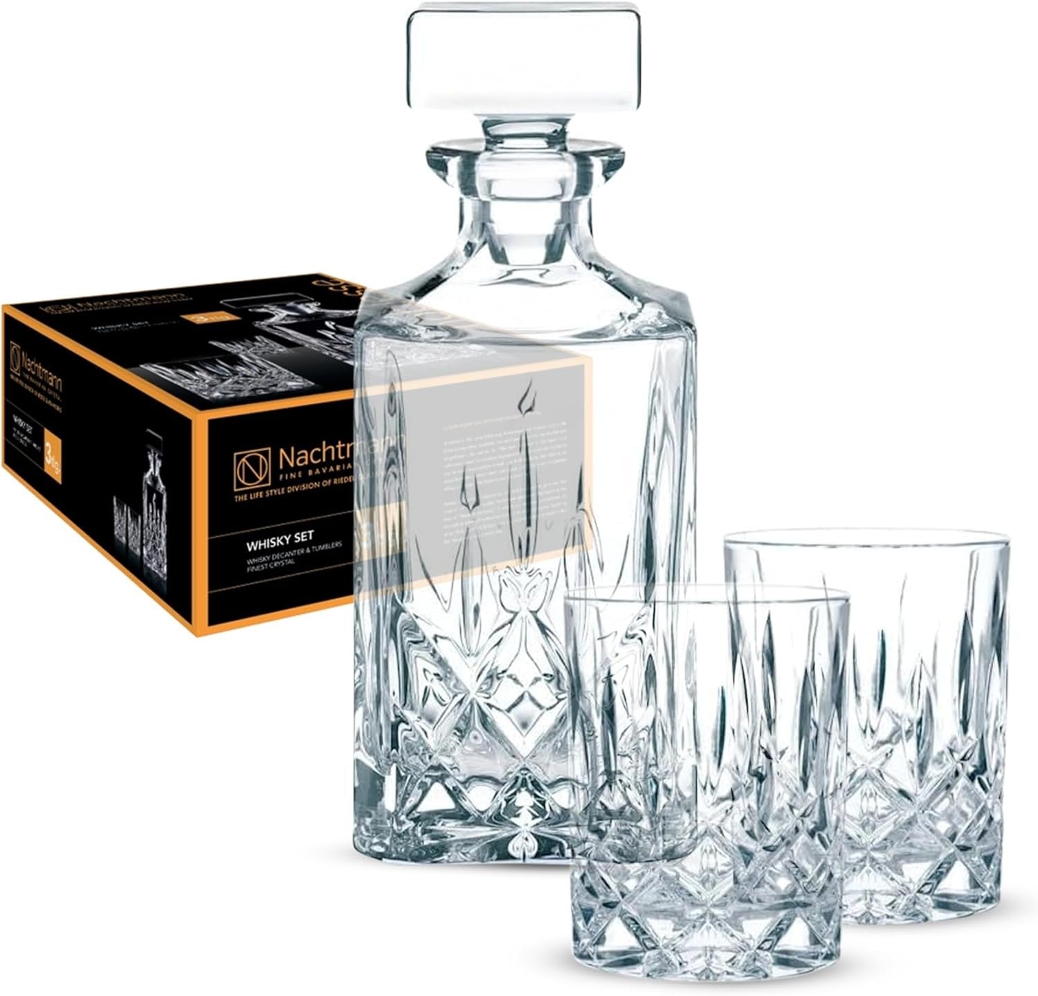 Crystal Whiskey Decanter Set with 2 Glasses | Premium Cut Glass Gift Box