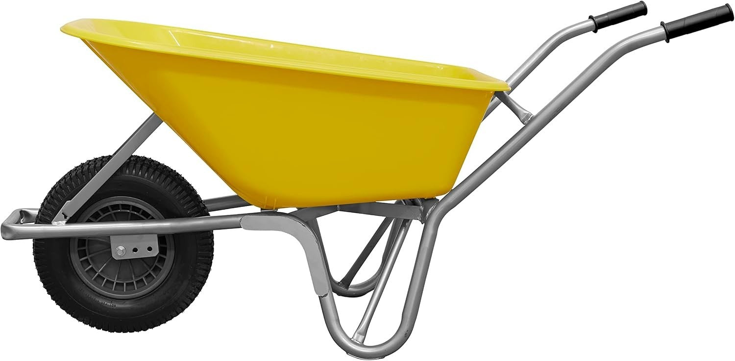 100L – Pneumatic Wheelbarrow Yellow – Heavy Duty Alloy Steel Tray for 120kg
