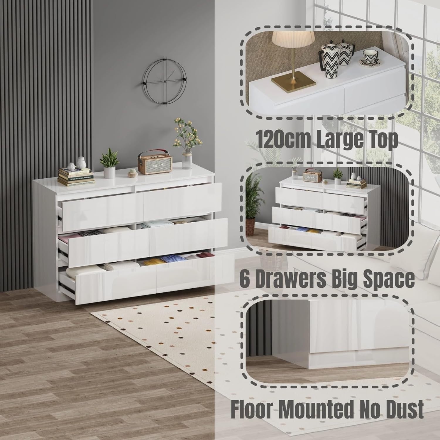 Modern White Gloss Chest of 6 Drawers Bedroom Storage Cabinet
