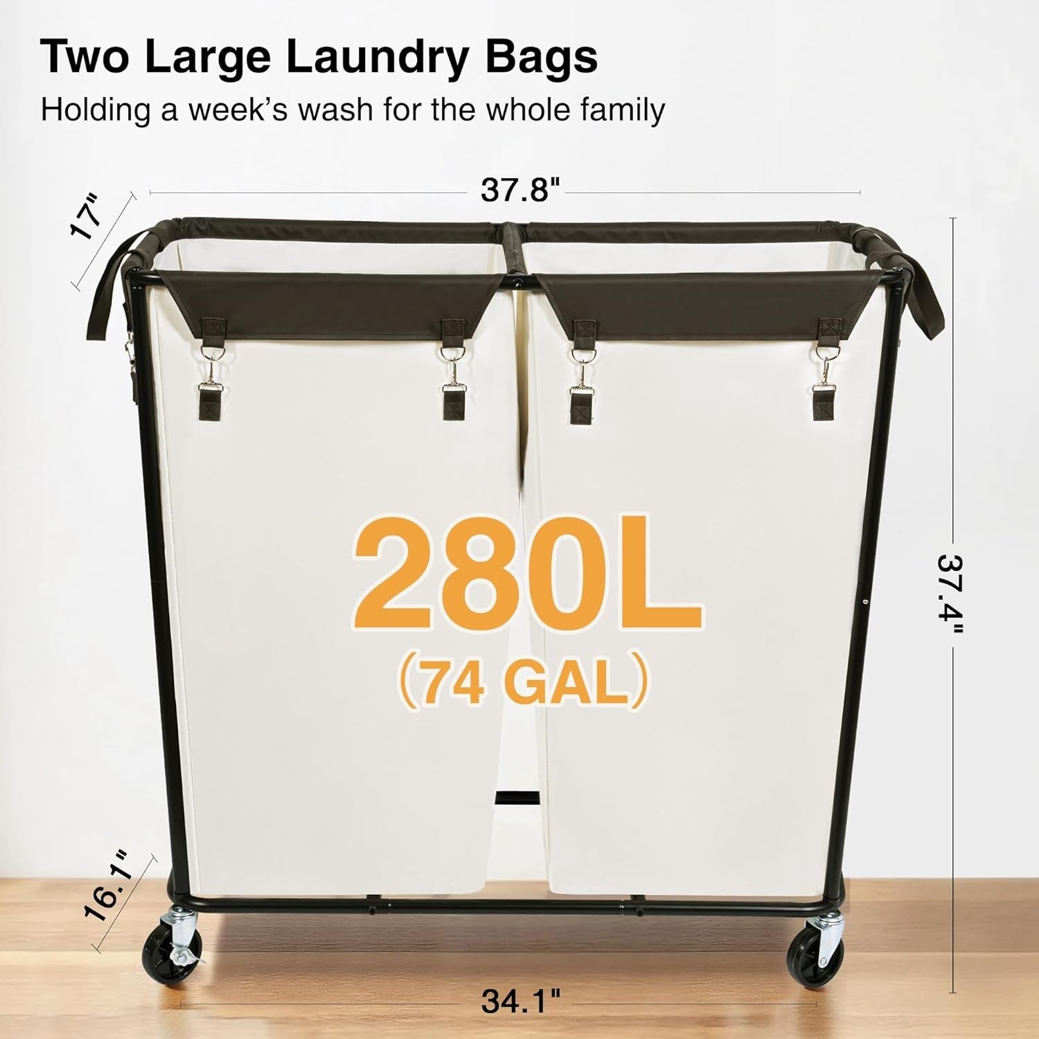 280L Heavy Duty Laundry Sorter with Wheels 2-Compartment Industrial Basket Cart