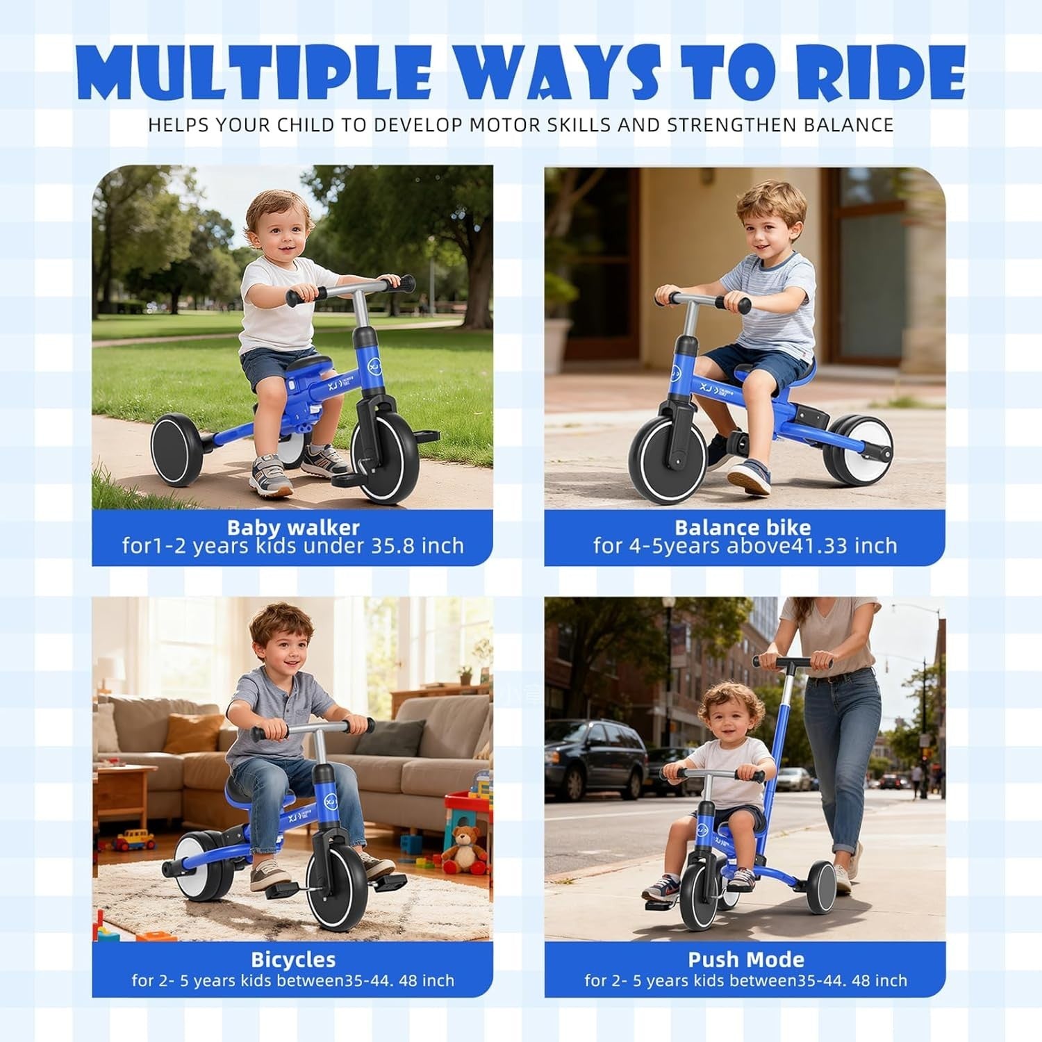 5 in 1 Toddler Tricycle Balance Bike Adjustable Push Handle Blue 1-3Y