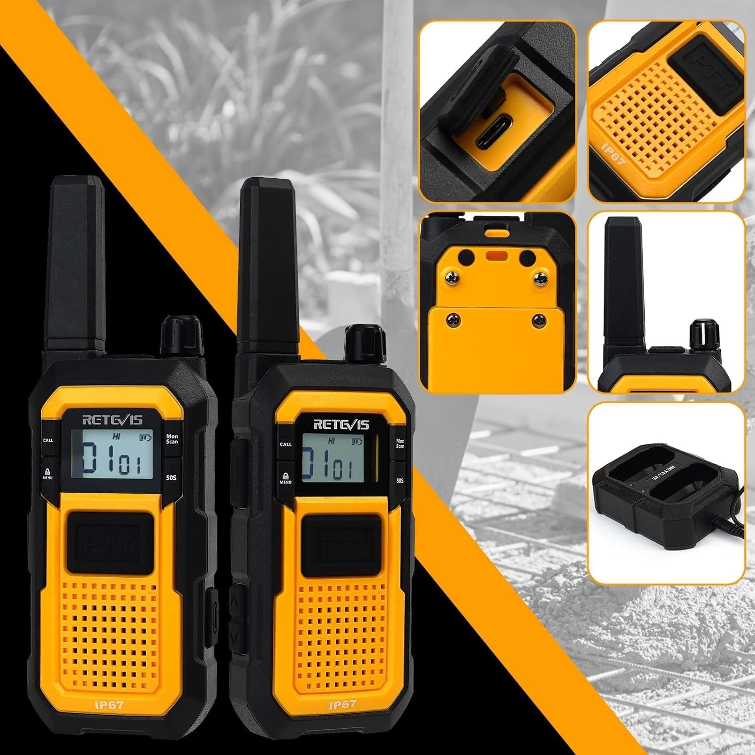 Heavy Duty Walkie Talkies IP67 Waterproof SOS VOX 6 Pack Yellow