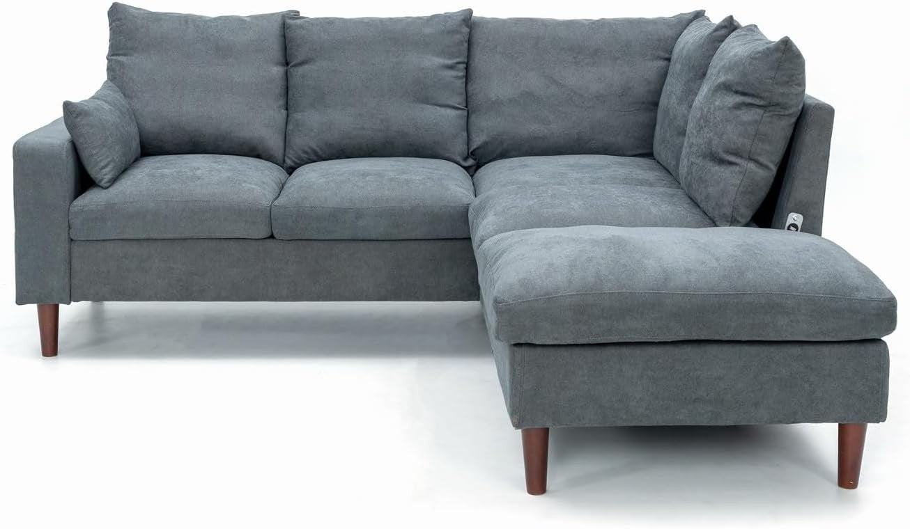 5 Seater Grey Corner Sofa w/ Chaise & USB Port – Linen Fabric, Space-Saving L Sh