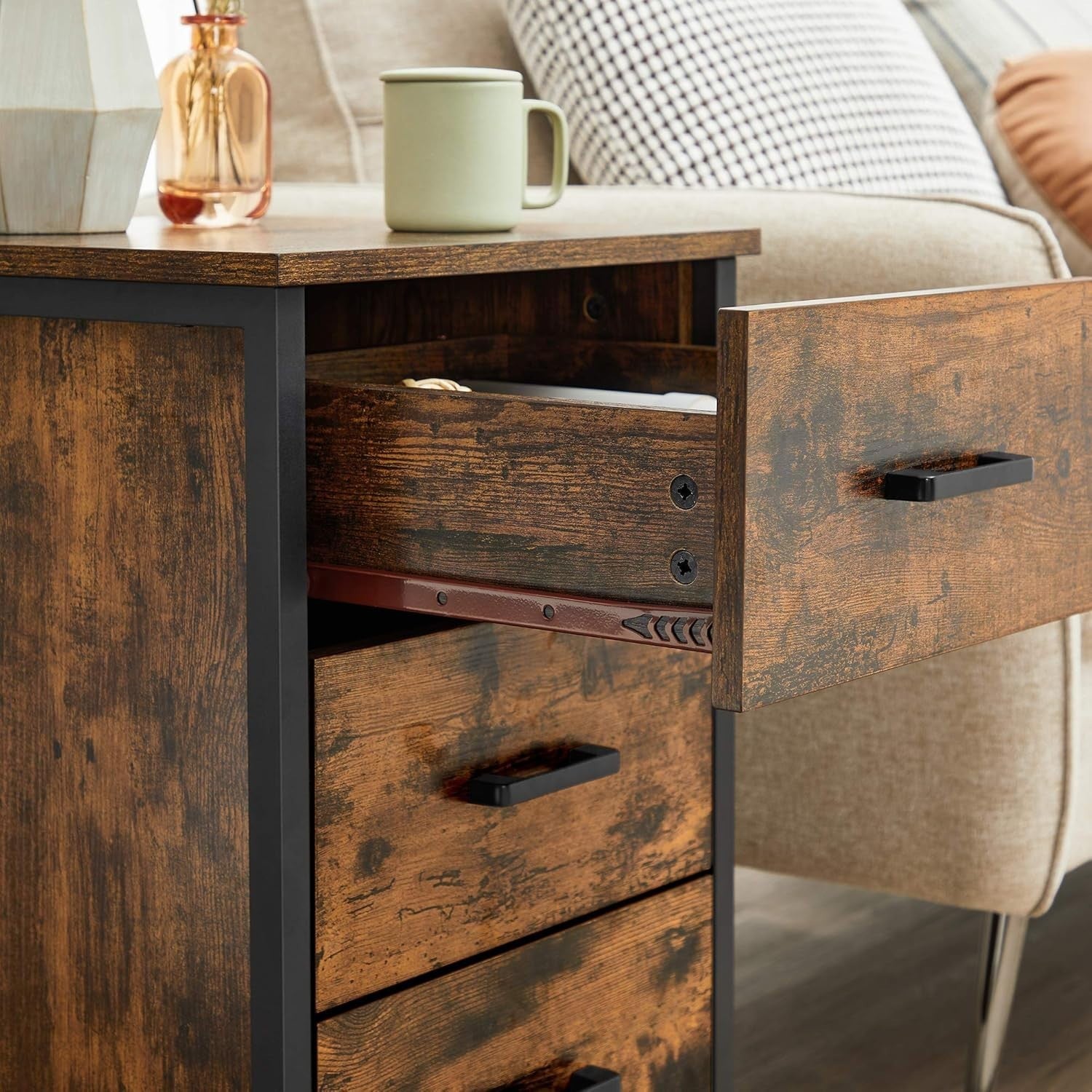 Rustic Industrial Bedside Table with 3 Drawers – Brown & Black Wood Nightstand