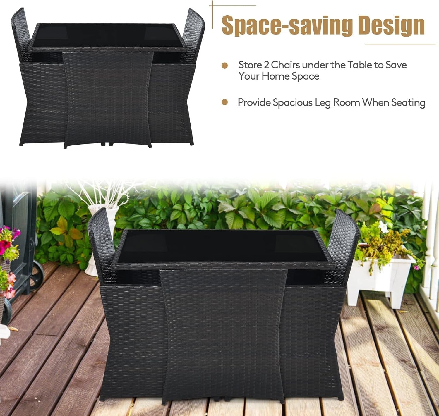3 Piece Rattan Patio Dining Set Glass Table Outdoor Chairs with Cushions