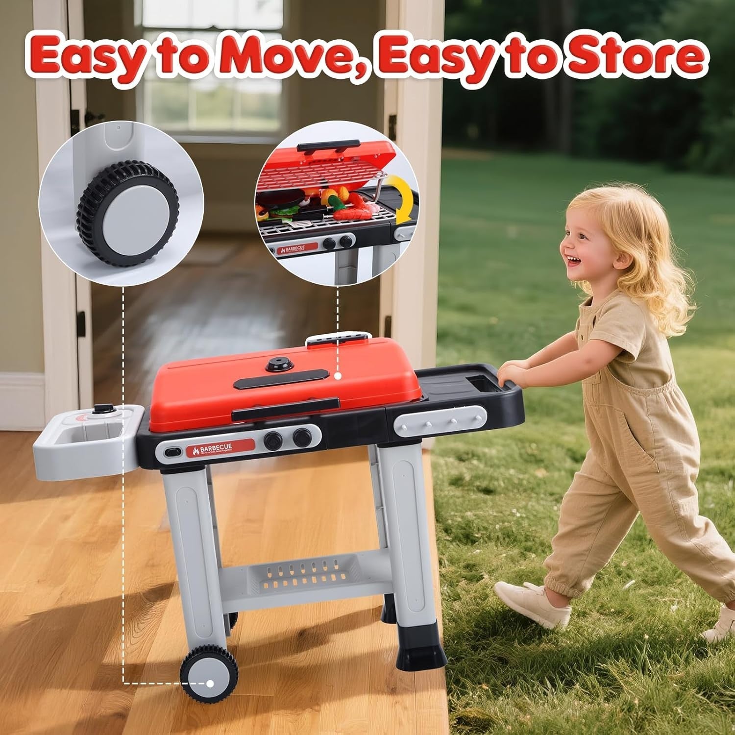 Kids BBQ Grill Toy Set w/ Lights Sounds Mist Spray Red Kitchen