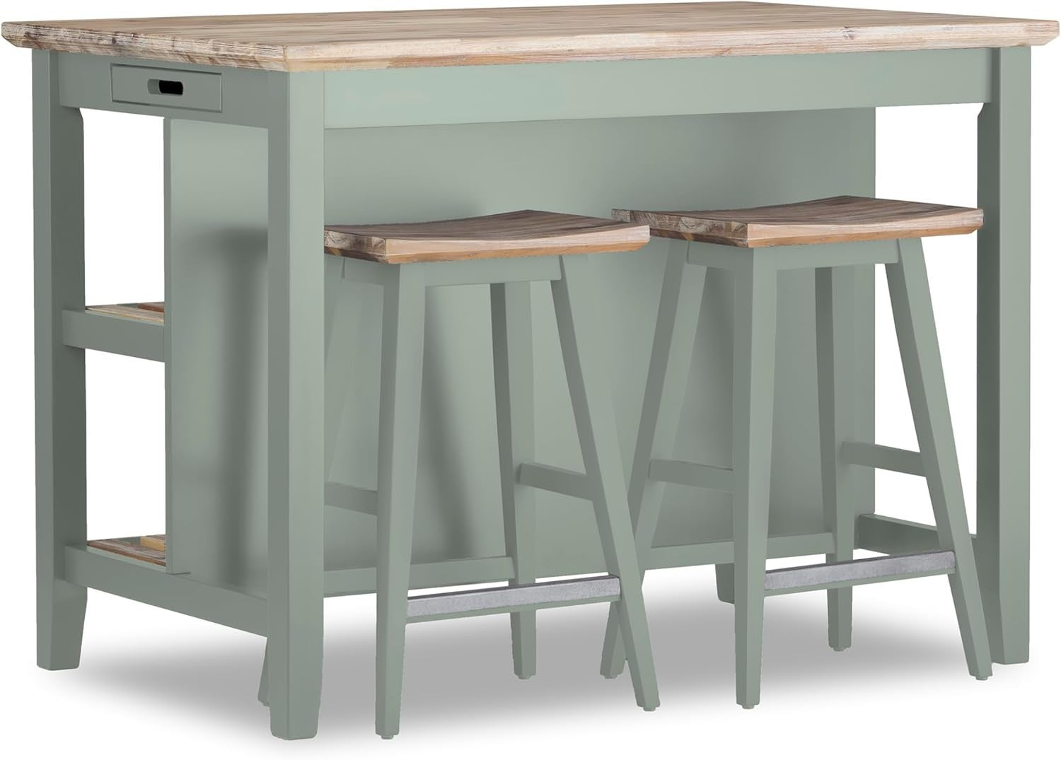 Breakfast Bar with Acacia Wood Top Storage Shelves Kitchen Island Sage Green