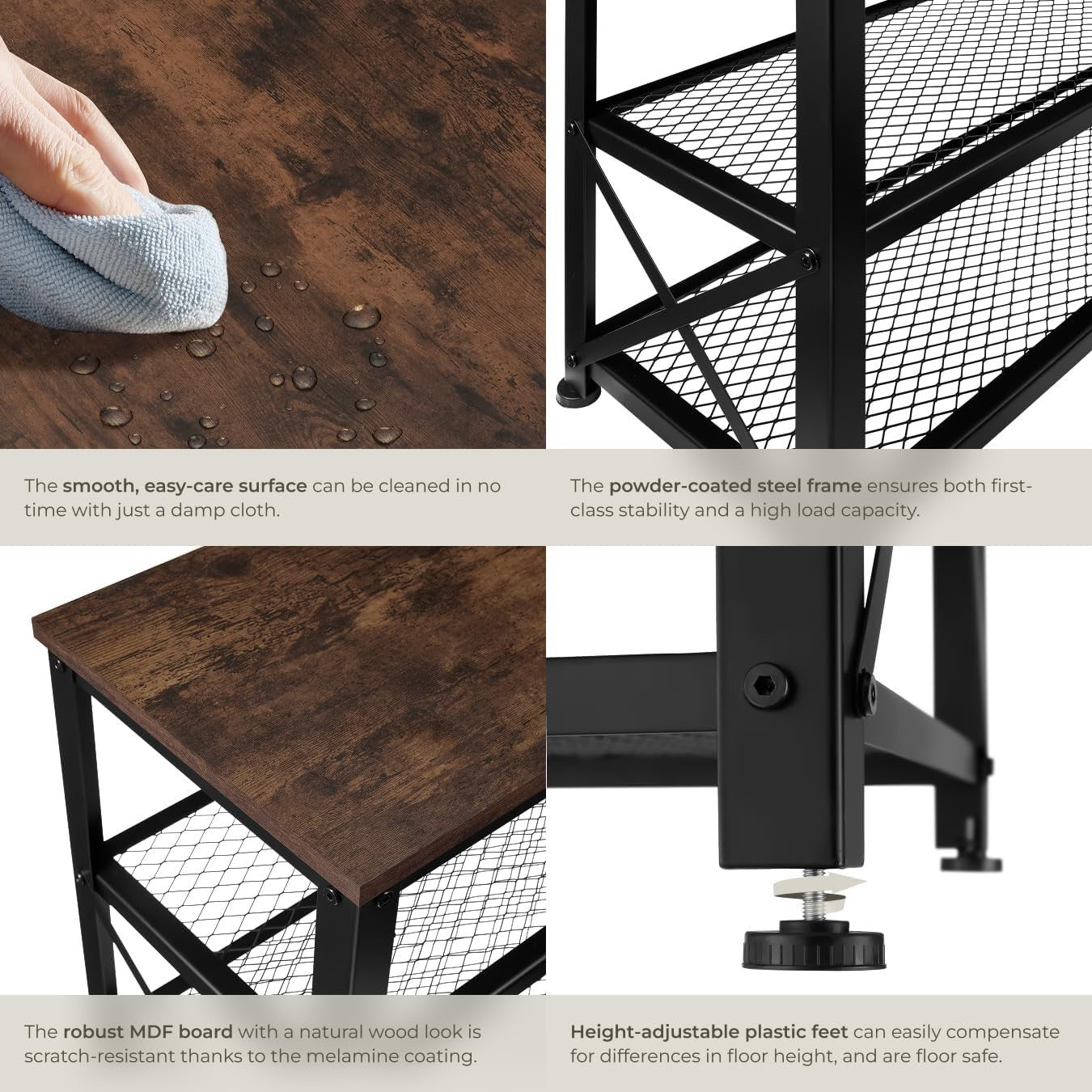 Space-Saving 3-Tier Shoe Rack with Dark Wood Shelf & Sturdy Steel Frame