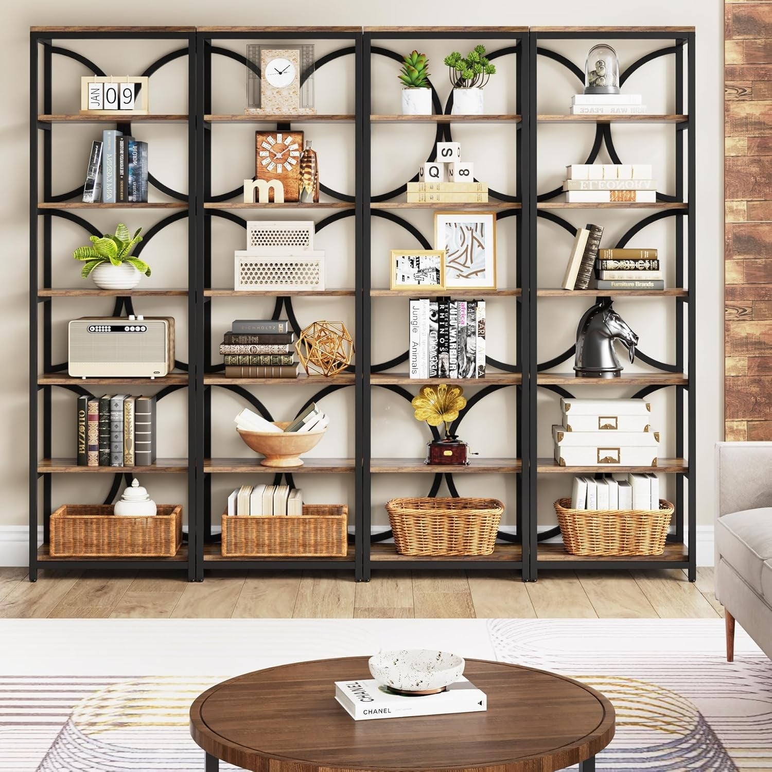 Tall Industrial 6-Tier Bookcase with Metal Frame, Narrow Storage Shelf 200cm