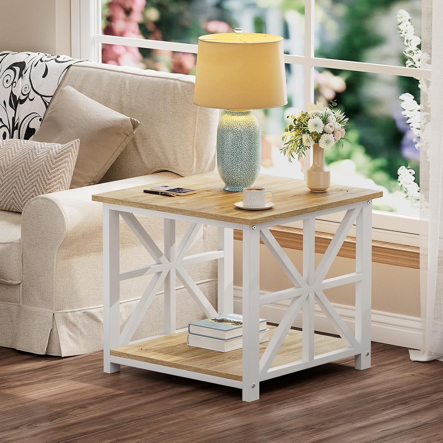 Oak 2-Tier Square Side Table 60x60x60 cm | Large End Table w/ Storage